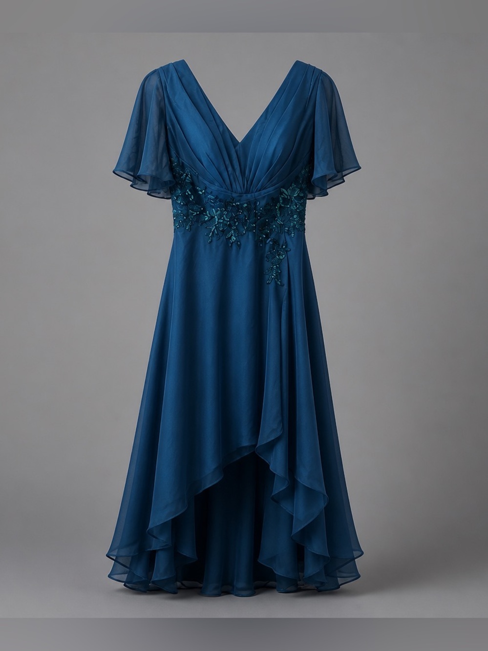 Blue V-Neck High-Low Chiffon Evening Dress